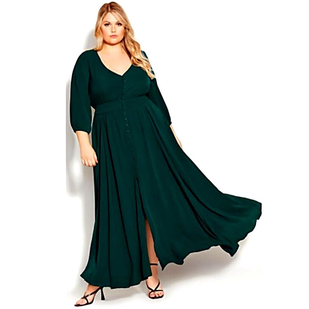 NEW City Chic Desire Shirred Waist Button Front Maxi Dress In Sea Green sz 14